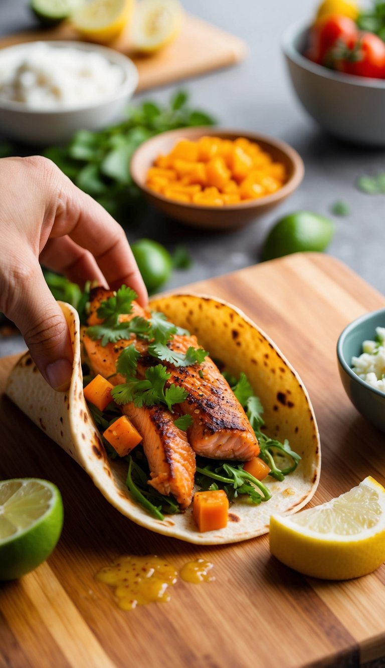 A sizzling blackened salmon taco being assembled with fresh ingredients on a wooden cutting board