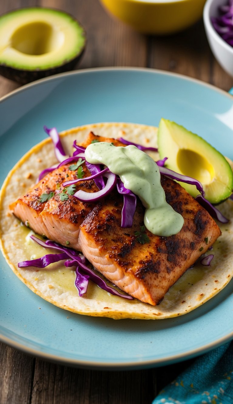 A sizzling blackened salmon fillet nestled in a warm corn tortilla, topped with vibrant purple cabbage slaw and a drizzle of creamy avocado sauce