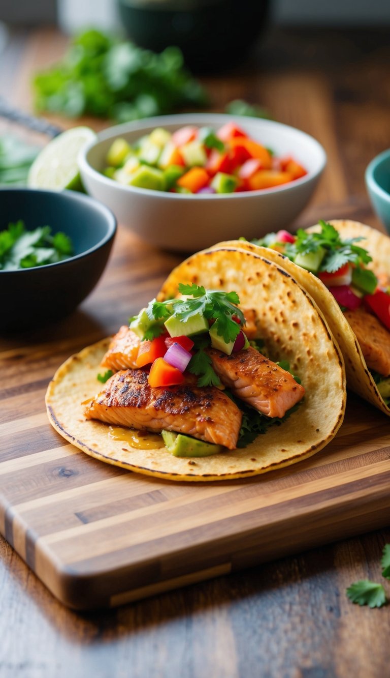 A sizzling blackened salmon taco being assembled with colorful toppings on a wooden cutting board