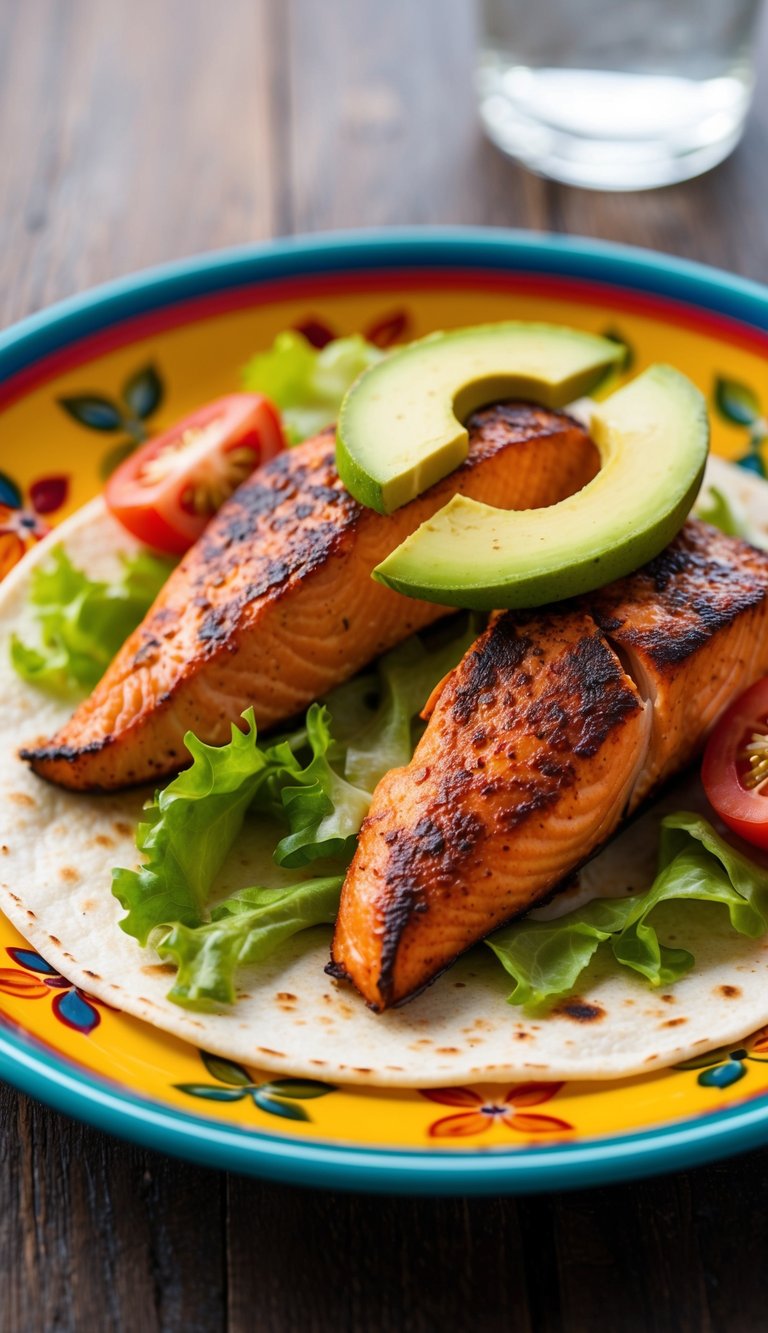 A sizzling blackened salmon taco with fresh avocado, tomato, and lettuce on a colorful plate