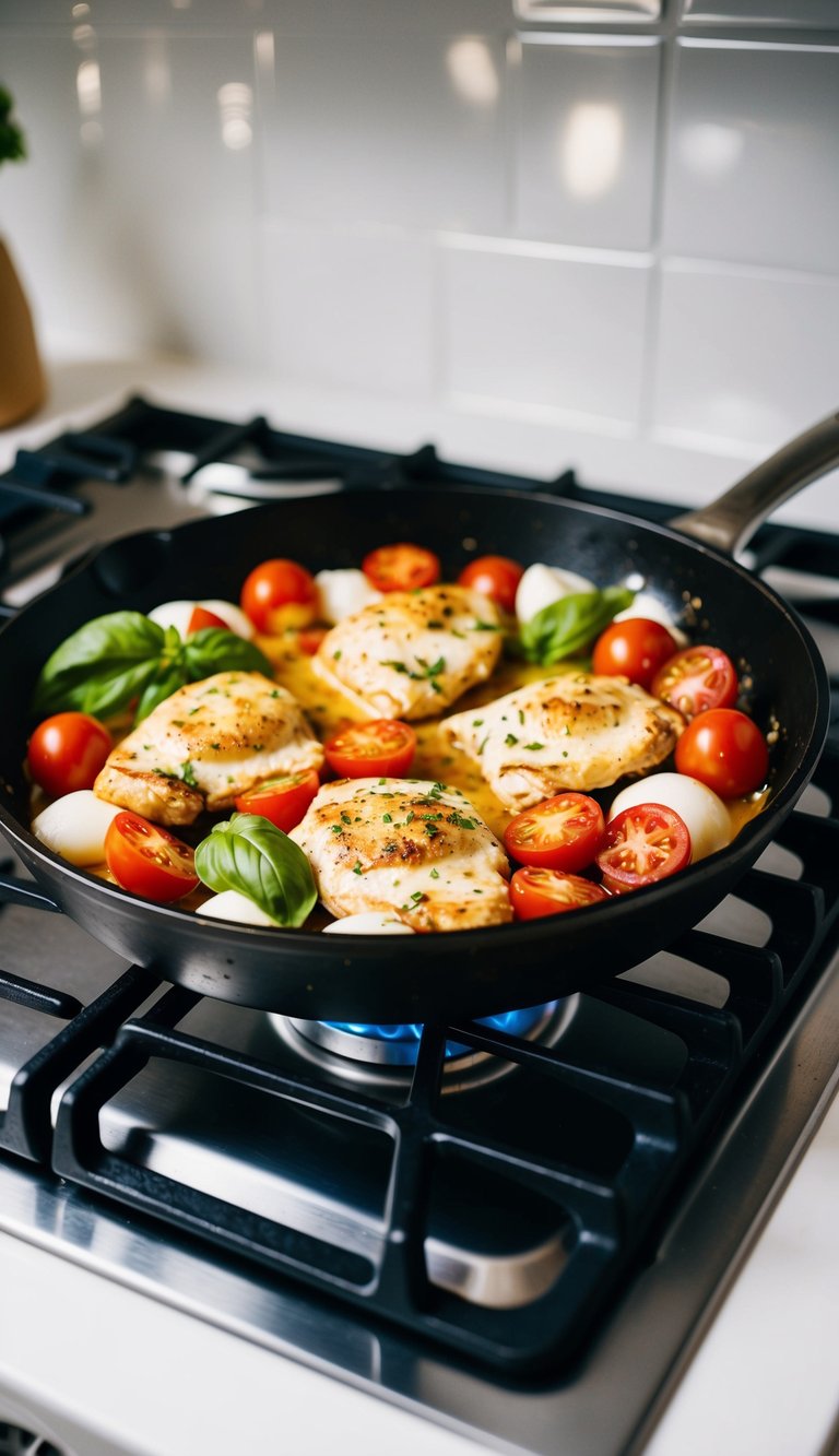 A skillet with sizzling chicken, tomatoes, mozzarella, and basil on a stovetop