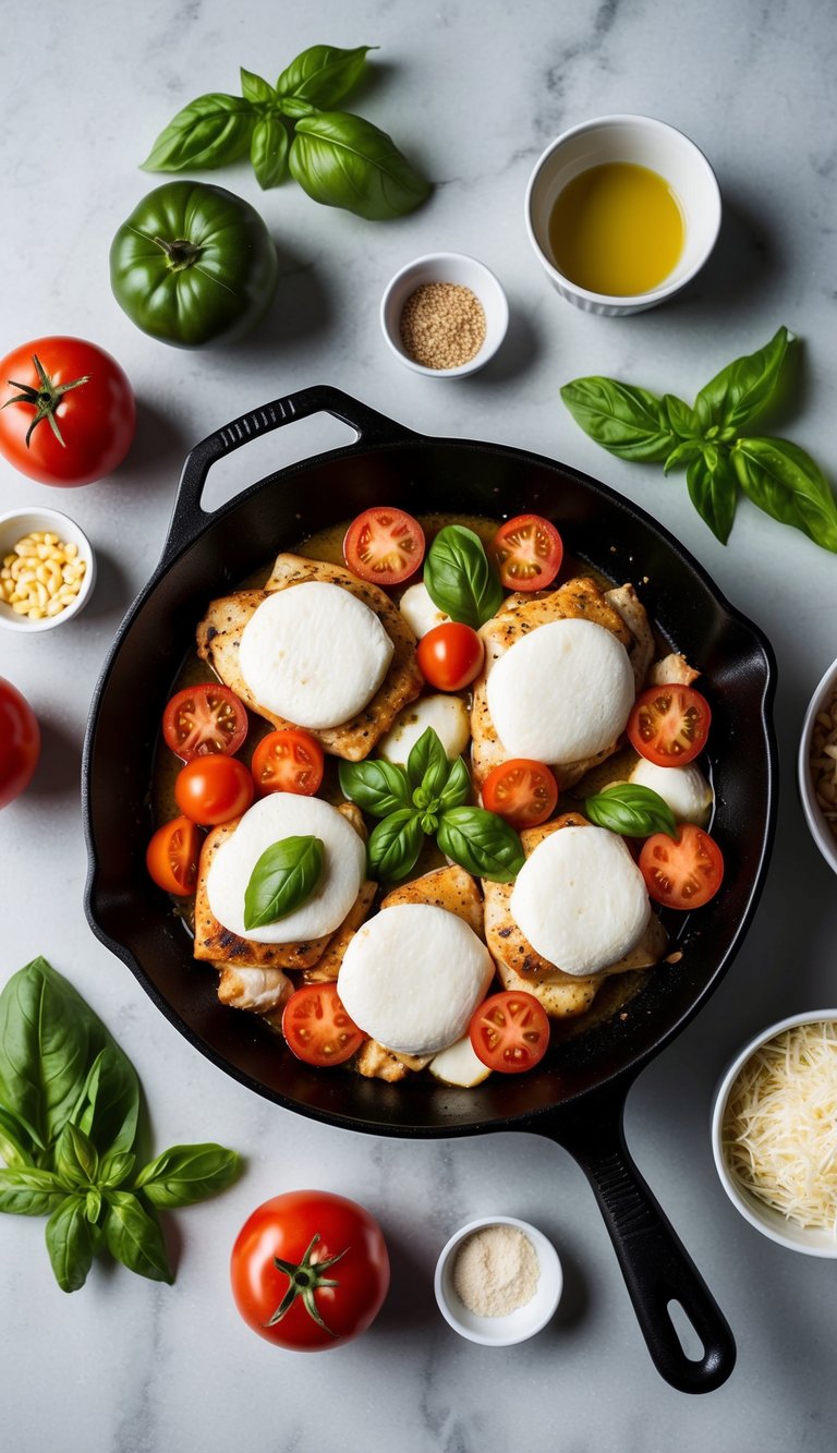 A skillet with chicken, tomatoes, mozzarella, and basil, surrounded by various ingredient options for substitutions