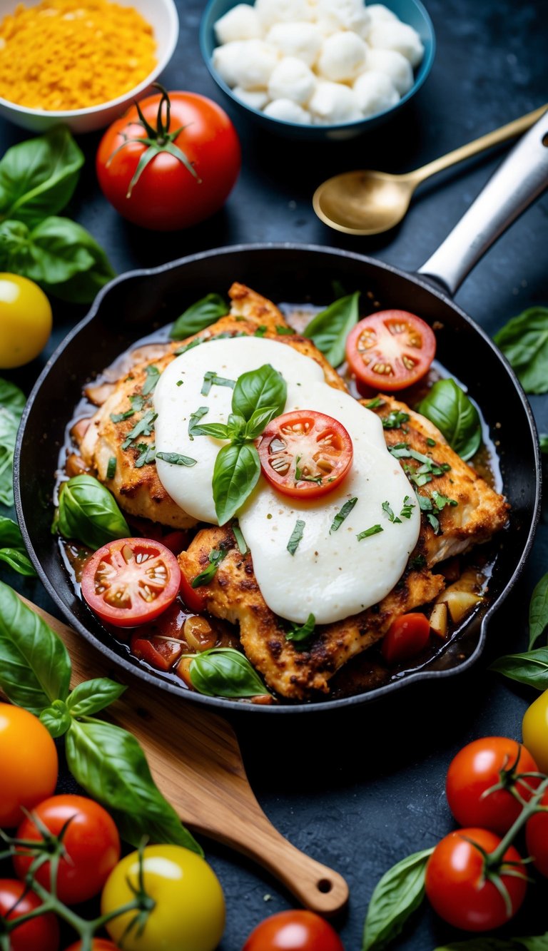 A skillet with sizzling chicken topped with melted mozzarella, fresh tomatoes, and basil leaves, surrounded by a variety of colorful ingredients and cooking utensils