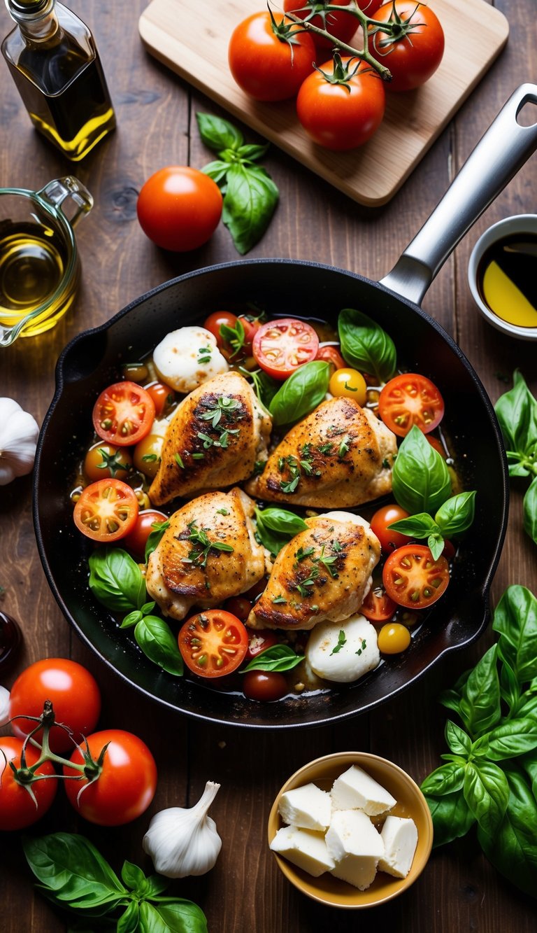 A sizzling skillet with juicy chicken, ripe tomatoes, fresh mozzarella, and fragrant basil, surrounded by colorful ingredients like garlic, olive oil, and balsamic vinegar