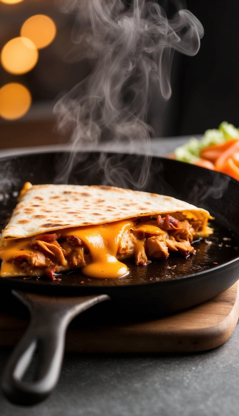 A sizzling BBQ chicken quesadilla cooking on a hot skillet, with melted cheese oozing out and steam rising from the golden-brown tortilla