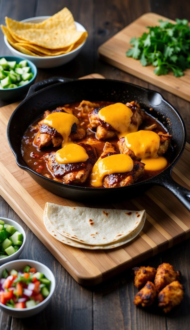 A sizzling skillet with BBQ chicken, melted cheese, and tortillas on a wooden cutting board. Chopped vegetables and a bowl of salsa sit nearby