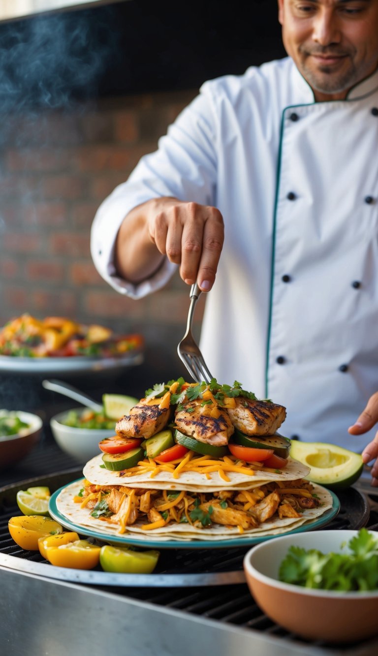 A chef grills marinated chicken and vegetables, then layers them with cheese and tortillas, cooking until crispy