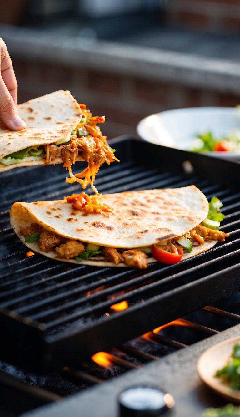 A sizzling BBQ chicken quesadilla being assembled with fresh ingredients on a hot grill