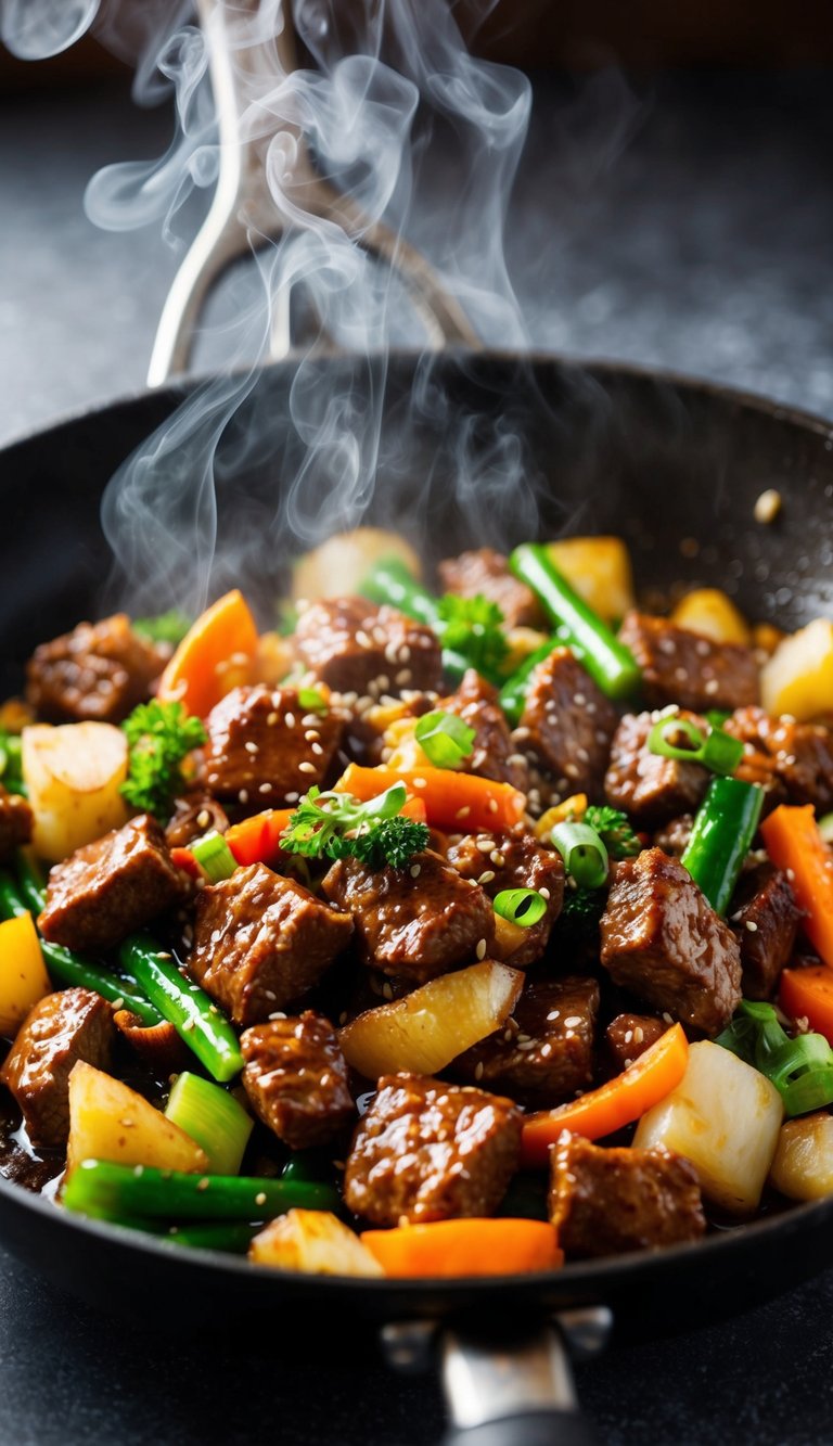 A sizzling skillet of teriyaki beef stir-fry with colorful vegetables and tender chunks of meat, steam rising and the aroma of soy sauce and ginger filling the air