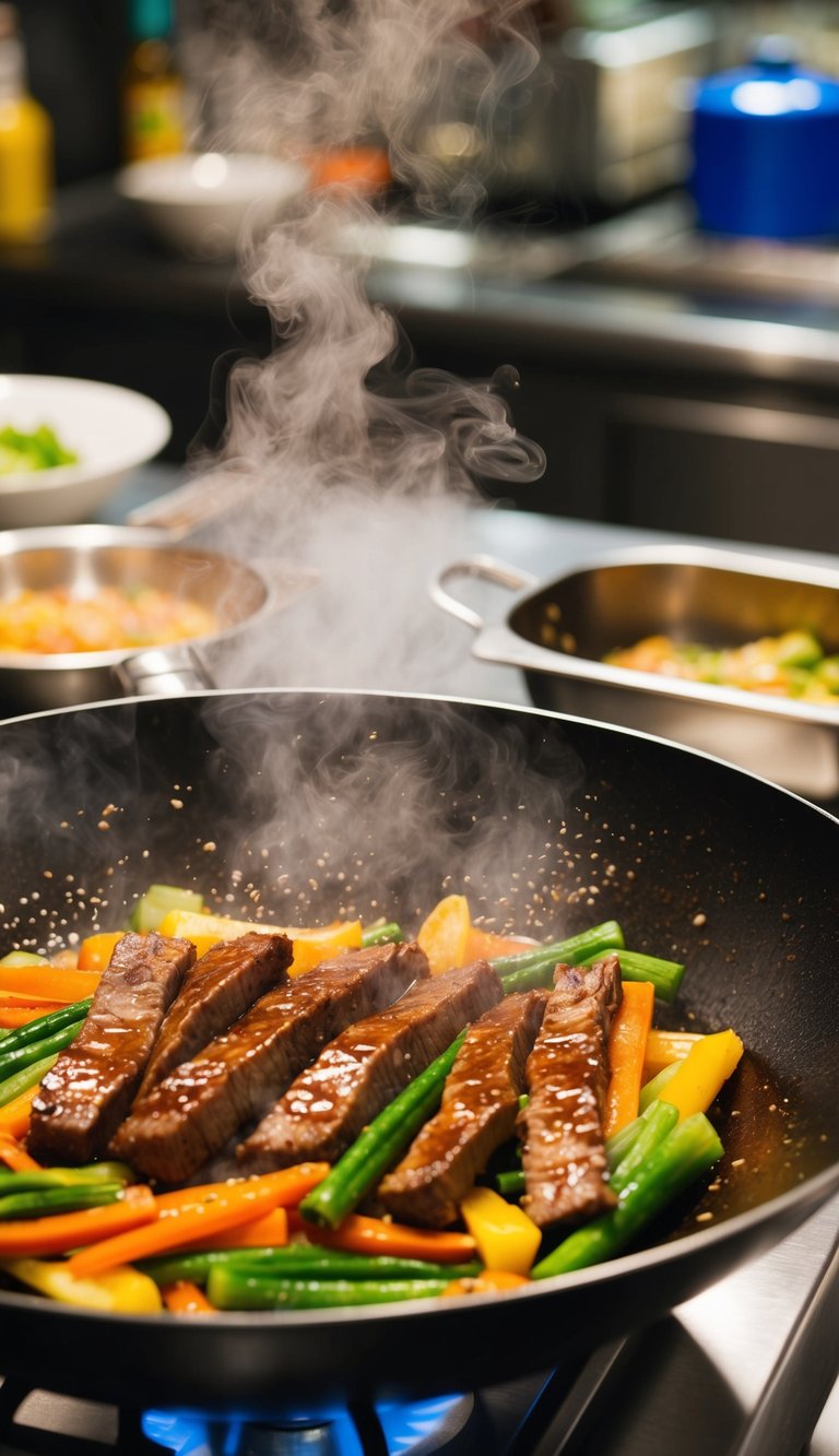 A sizzling wok cooks strips of beef, colorful vegetables, and a glossy teriyaki sauce, emitting fragrant steam in a bustling kitchen