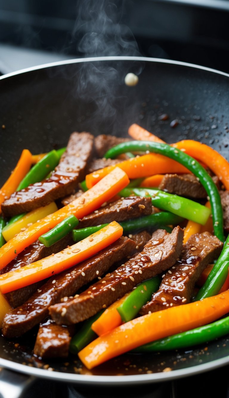 Sizzling beef strips and colorful vegetables stir-frying in a wok with a glossy teriyaki glaze