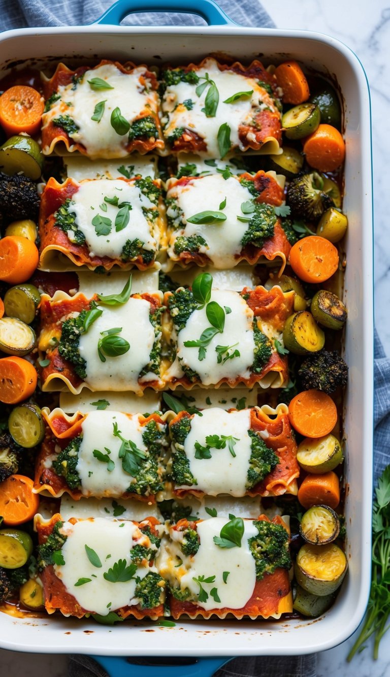 A colorful array of roasted vegetables layered between sheets of lasagna, topped with melted cheese and fresh herbs