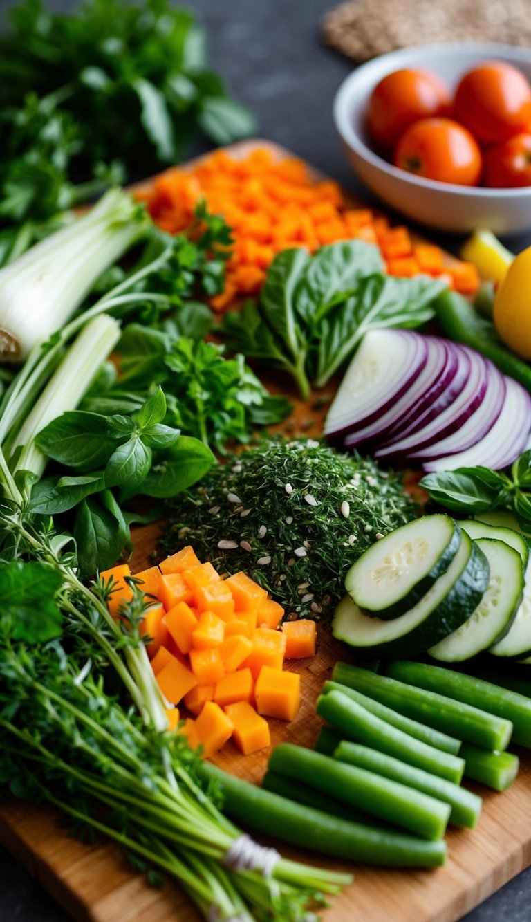 A variety of fresh vegetables and herbs are laid out on a wooden cutting board, ready to be sliced and prepared for a roasted veggie lasagna