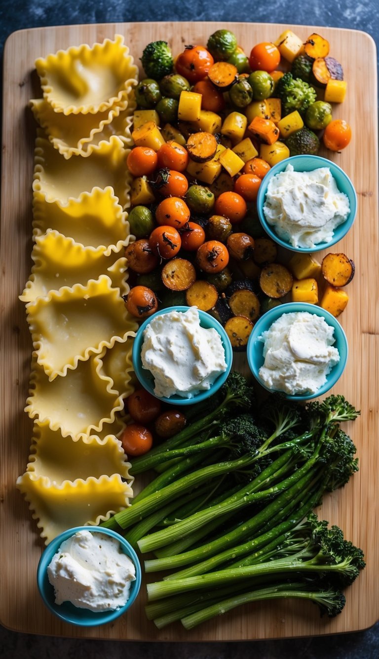 A colorful array of freshly roasted vegetables, lasagna noodles, and creamy ricotta cheese are laid out on a wooden cutting board