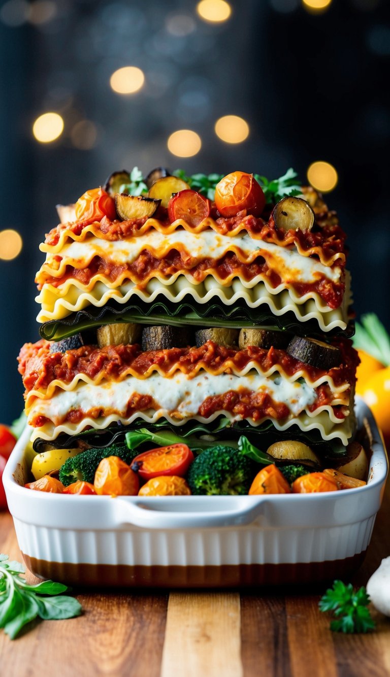 A colorful array of roasted vegetables, layers of lasagna noodles, rich tomato sauce, and creamy cheese, all stacked in a baking dish ready to be assembled