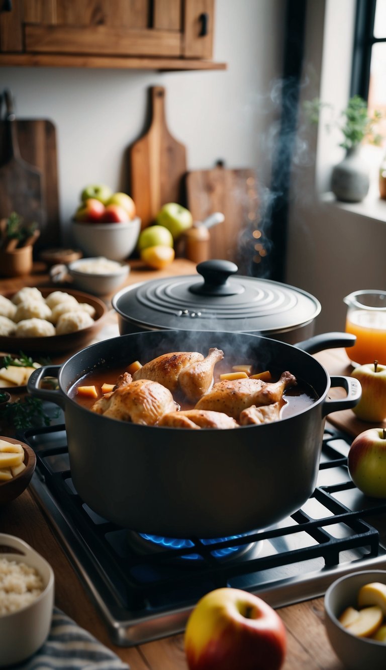 A rustic kitchen with a large pot simmering on a stove, filled with apple cider and chicken, surrounded by ingredients for dumplings and a cozy atmosphere