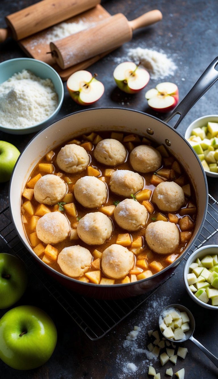 A rustic kitchen with a bubbling pot of apple cider chicken 'n' dumplings surrounded by flour, rolling pins, and a bowl of freshly chopped apples