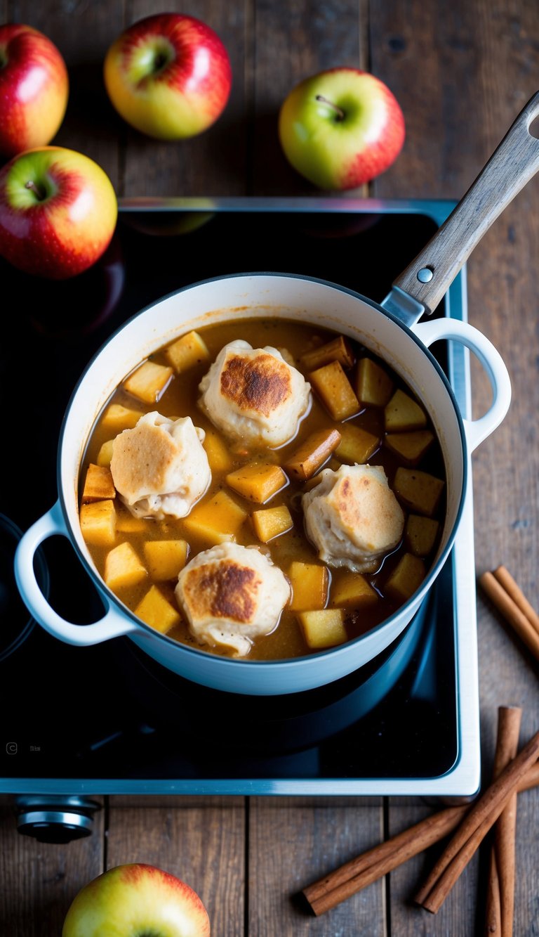 A bubbling pot of apple cider chicken and dumplings simmering on a stovetop, surrounded by fresh apples, cinnamon sticks, and a rustic wooden spoon