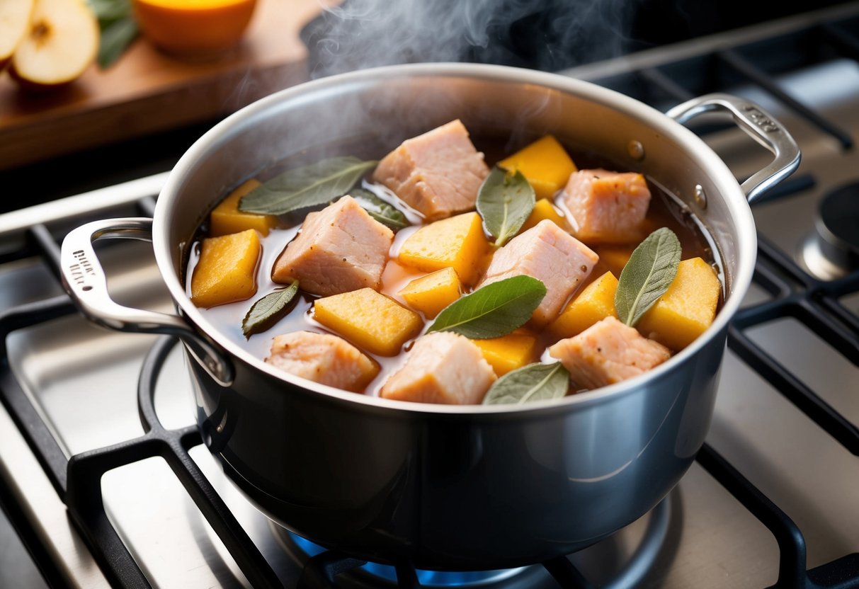 A bubbling pot on a stove filled with chunks of pork, sage leaves, and simmering cider