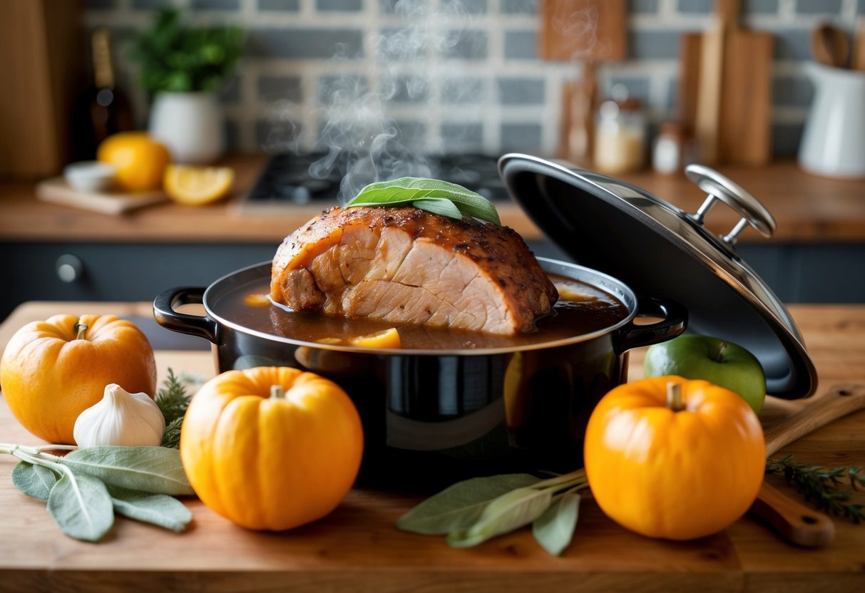 A bubbling pot of slow-cooked pork, cider, and sage, surrounded by fresh ingredients and a cozy kitchen atmosphere