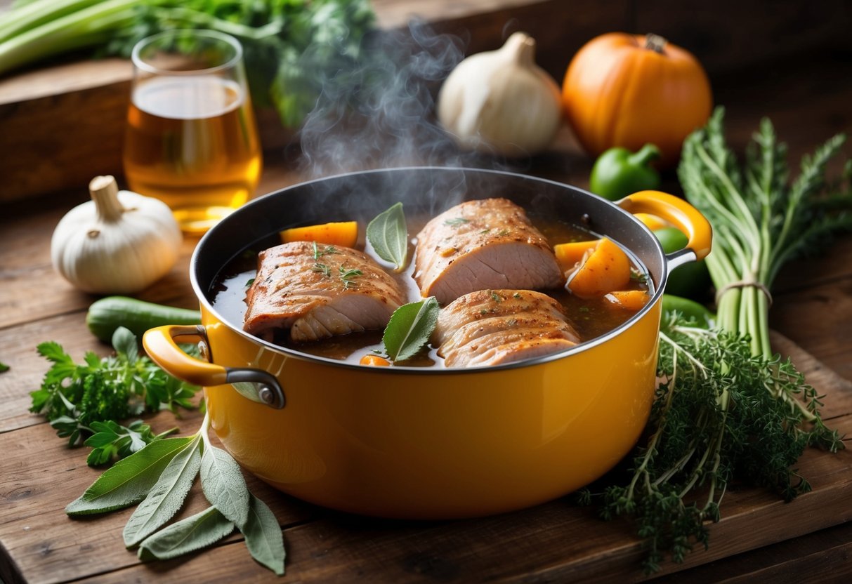 A bubbling pot of slow-cooked pork, cider, and sage, surrounded by rustic vegetables and herbs on a wooden kitchen counter