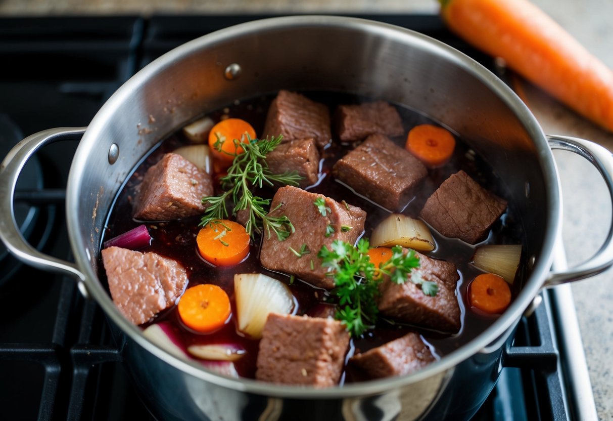 A pot simmering on a stove, filled with chunks of beef, red wine, onions, carrots, and herbs