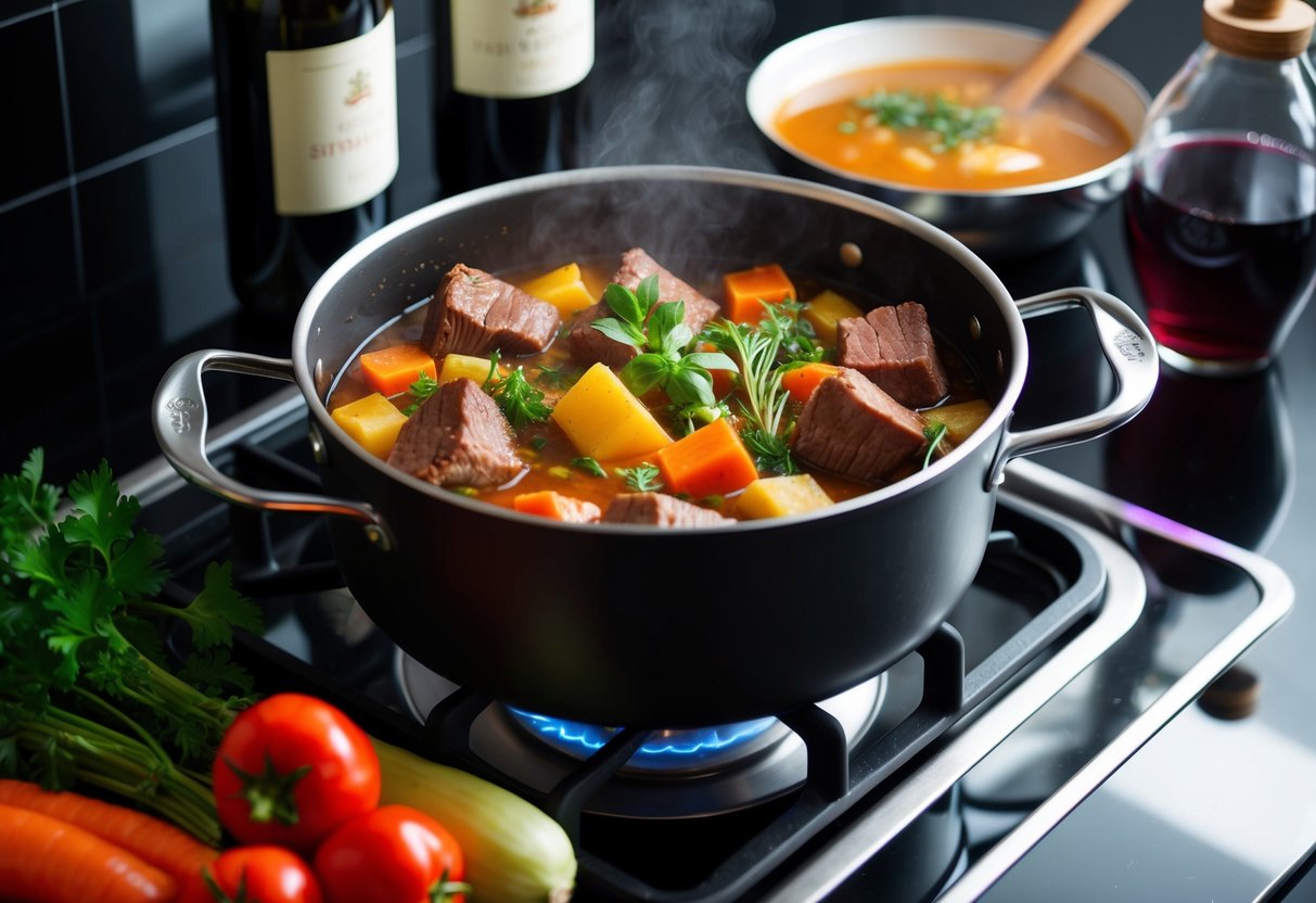 A pot simmering on a stove with chunks of beef, vegetables, and herbs, surrounded by bottles of red wine and beef broth