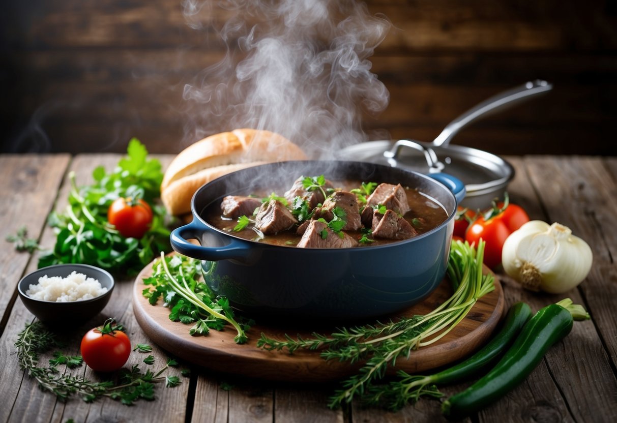 A steaming pot of Beef Bourguignon surrounded by fresh herbs and vegetables on a rustic wooden table