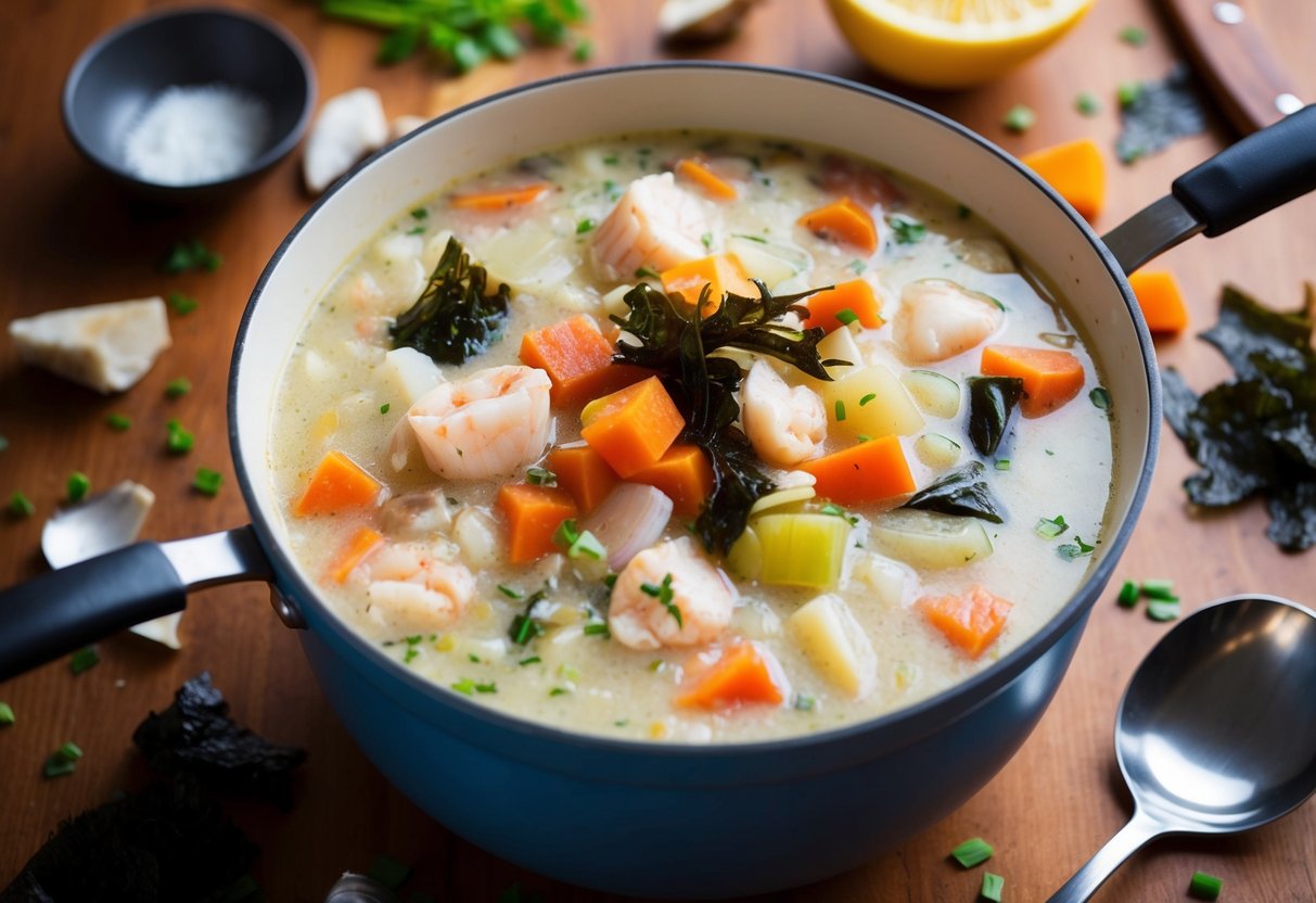 A bubbling pot of chowder filled with chunks of seafood, colorful vegetables, and pieces of seaweed, surrounded by scattered ingredients and cooking utensils