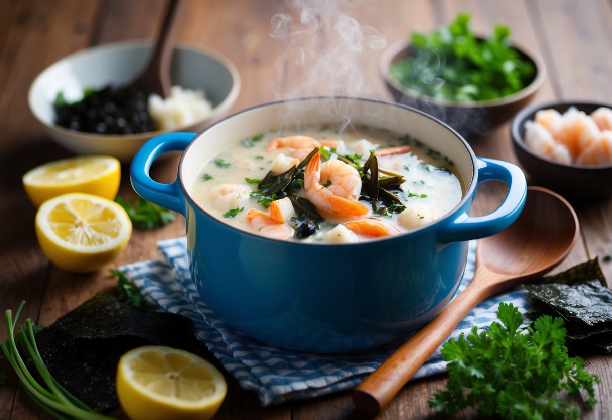 A steaming pot of seafood-and-seaweed chowder surrounded by fresh ingredients and a rustic wooden ladle