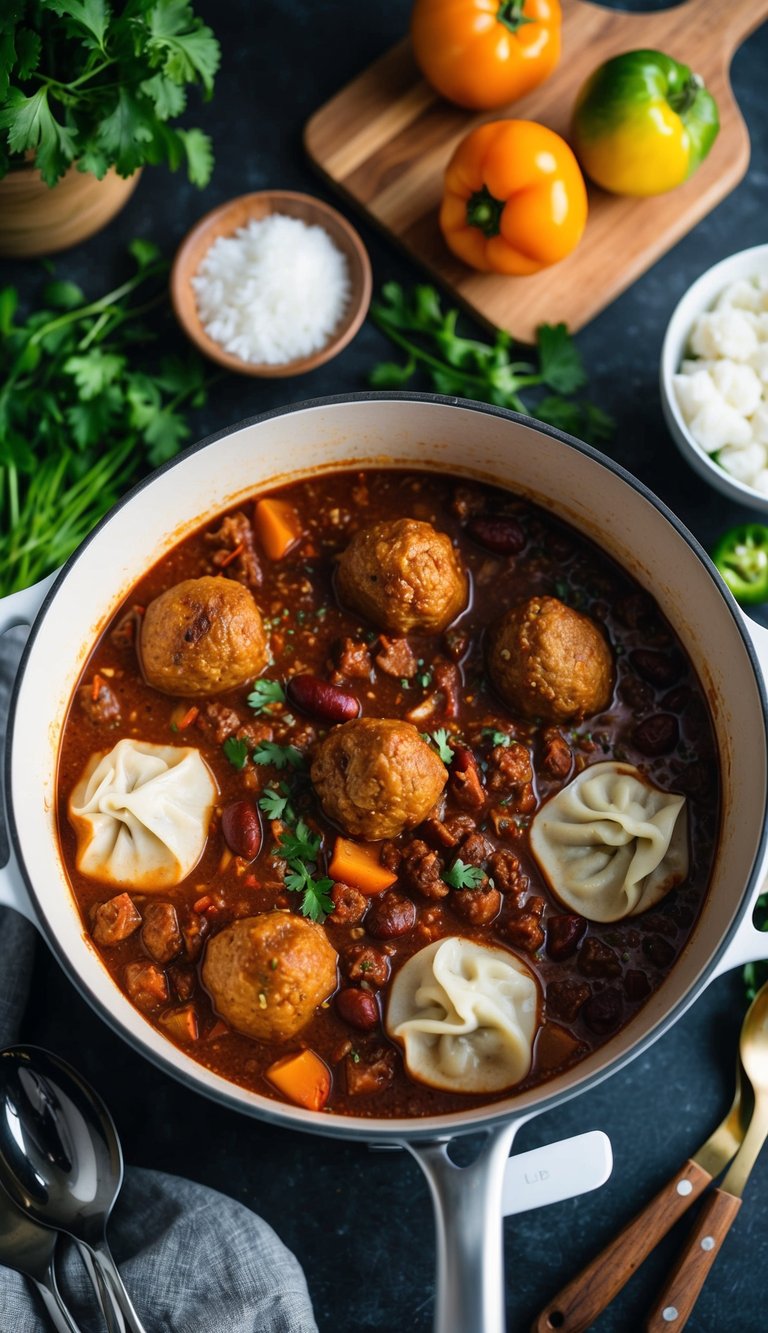 A pot of simmering chili with meatballs and dumplings, surrounded by fresh ingredients and cooking utensils