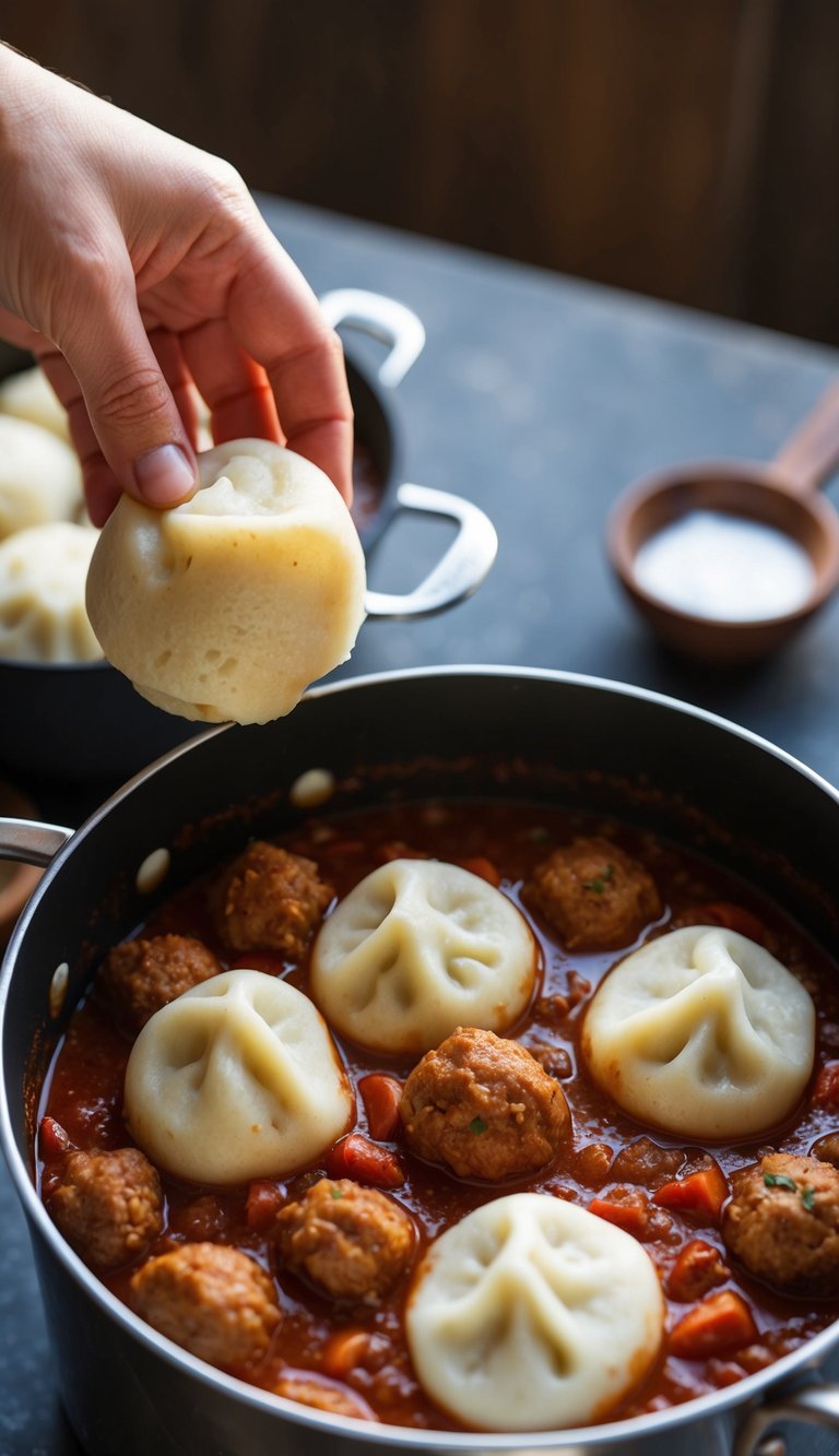 A pot of simmering meatball chili with dumplings being added