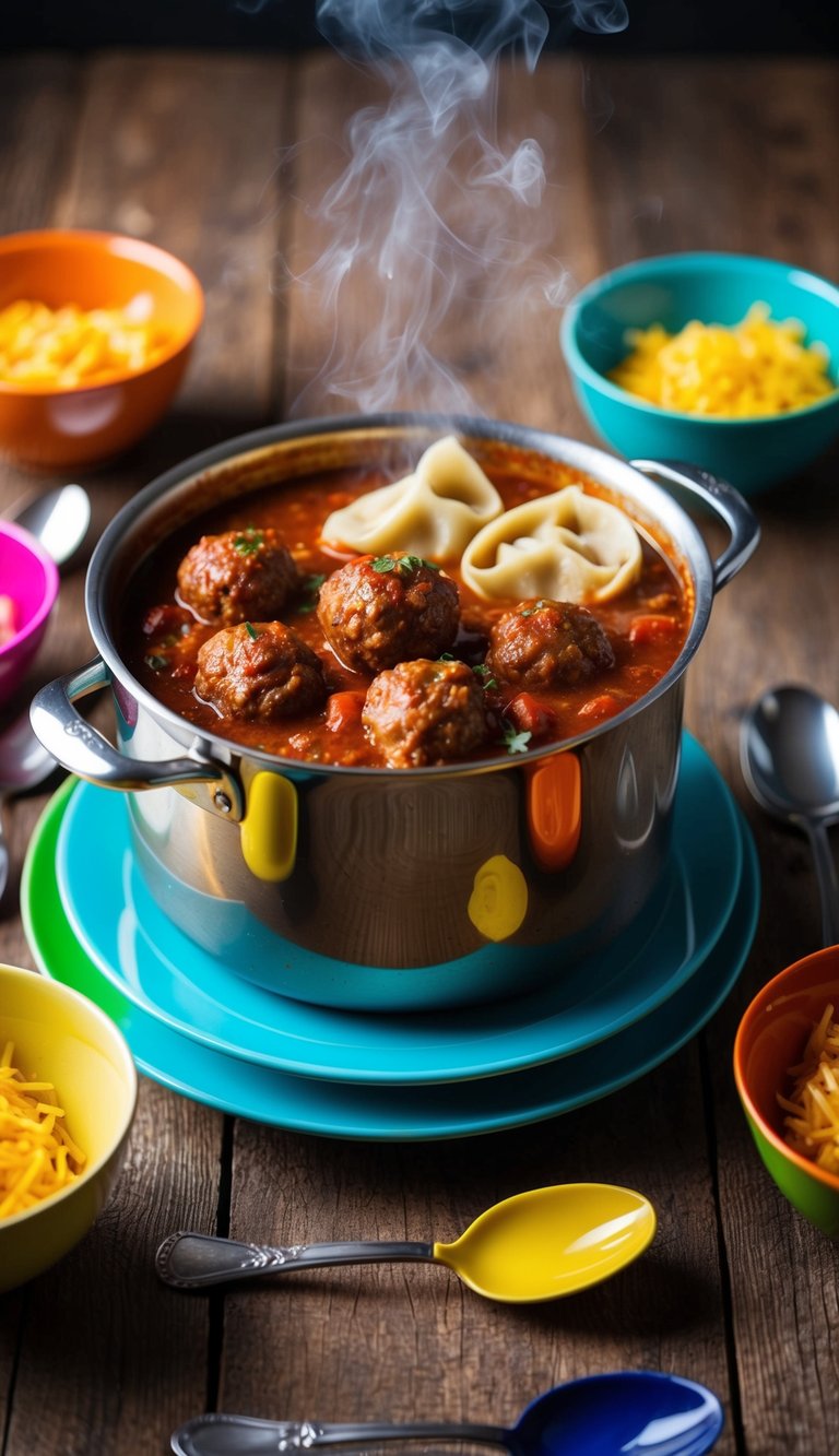 A steaming pot of meatball chili with dumplings, surrounded by colorful bowls and spoons on a rustic wooden table