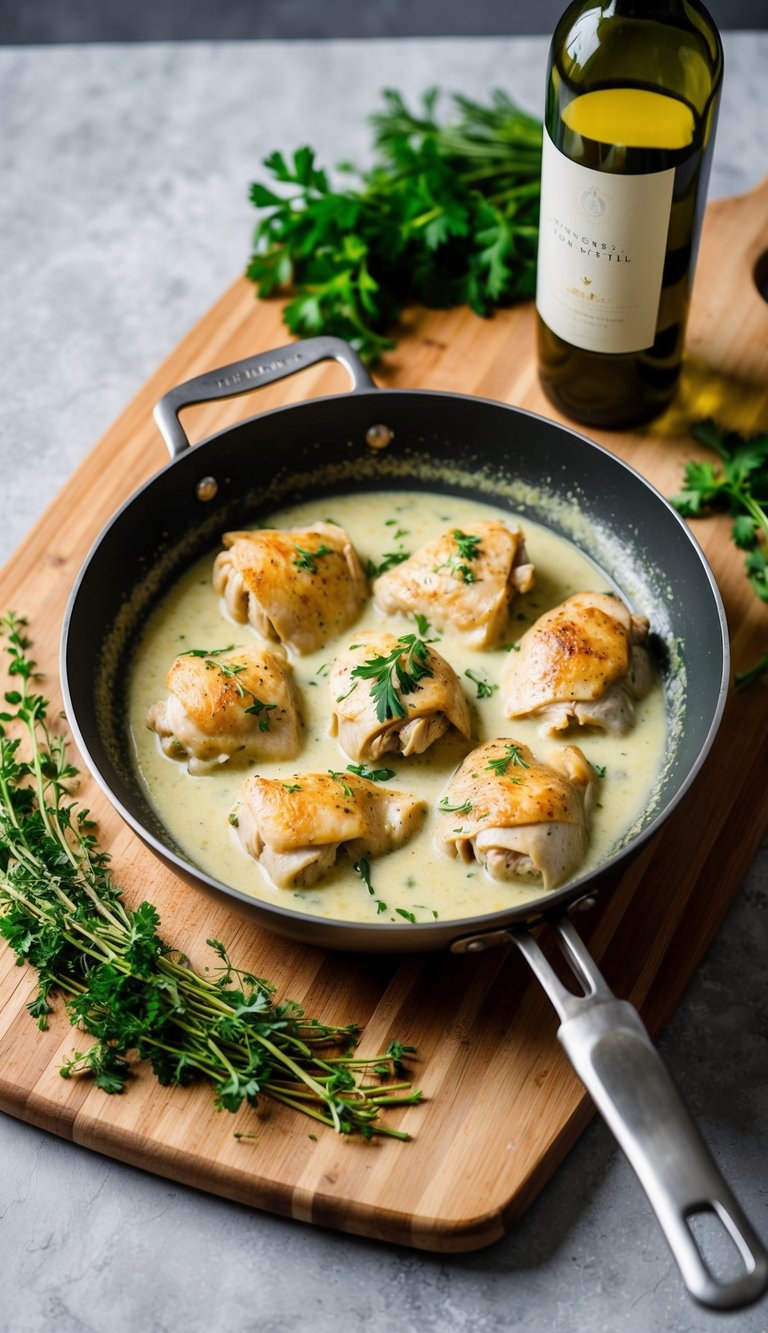 A sizzling pan with chicken simmering in a creamy white wine sauce, surrounded by fresh herbs and a bottle of white wine on a wooden cutting board