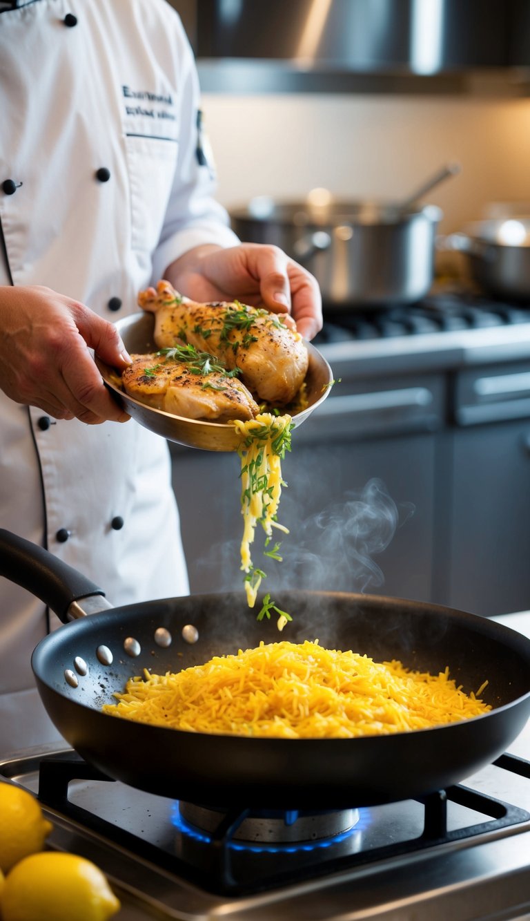 A chef adds marinated chicken to a sizzling pan of lemon rice