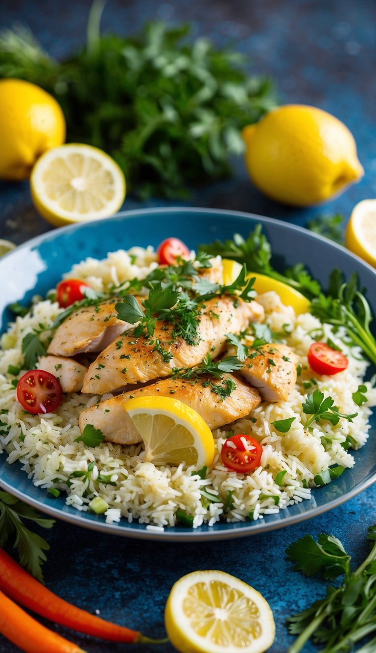 A platter of Greek chicken and lemon rice surrounded by fresh herbs and colorful vegetables