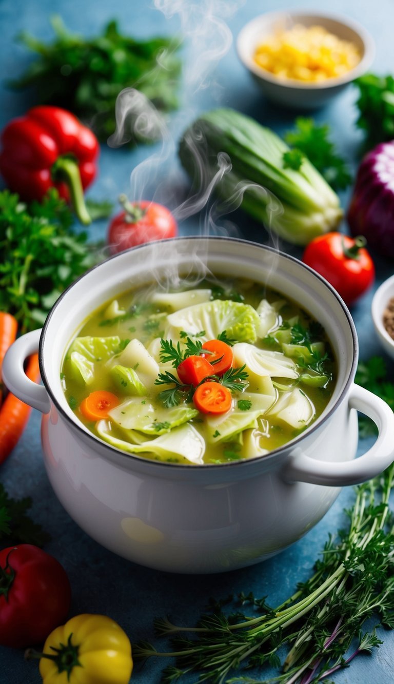 A pot of steaming cabbage soup surrounded by colorful vegetables and herbs