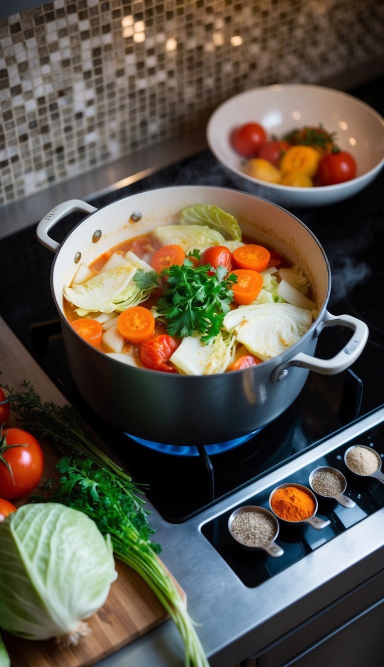 A pot of cabbage, carrots, tomatoes, and onions simmering on a stove. A variety of spices and herbs are laid out on the counter nearby