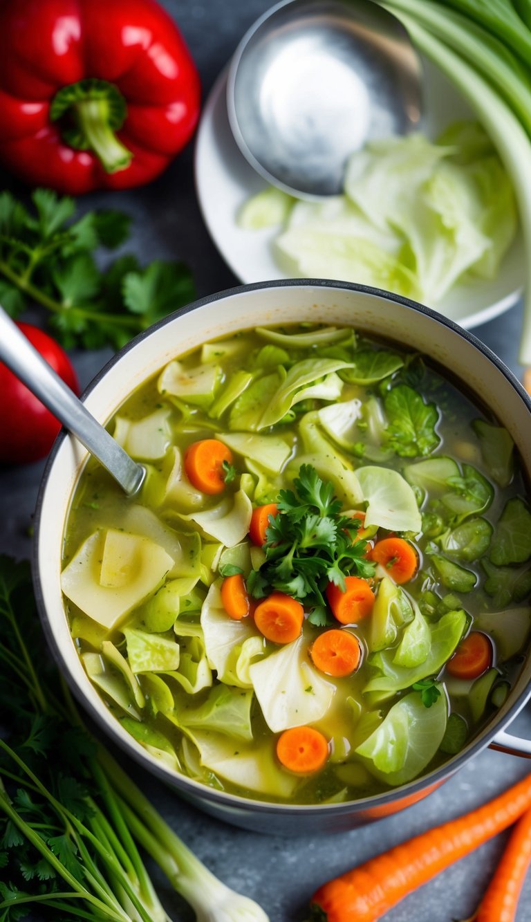 A pot of cabbage soup surrounded by various vegetables and a ladle