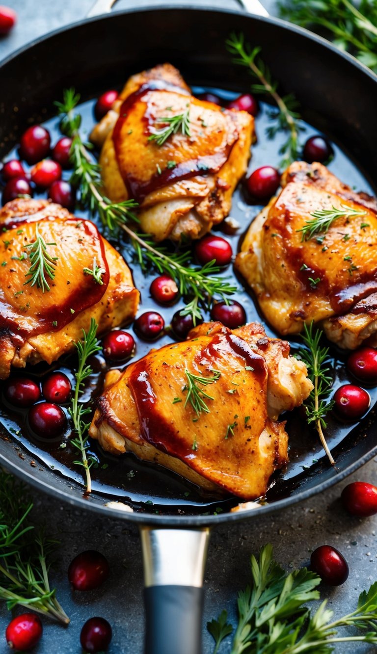 A sizzling skillet holds juicy chicken thighs glazed in a rich cranberry-balsamic sauce, surrounded by vibrant herbs and fresh cranberries