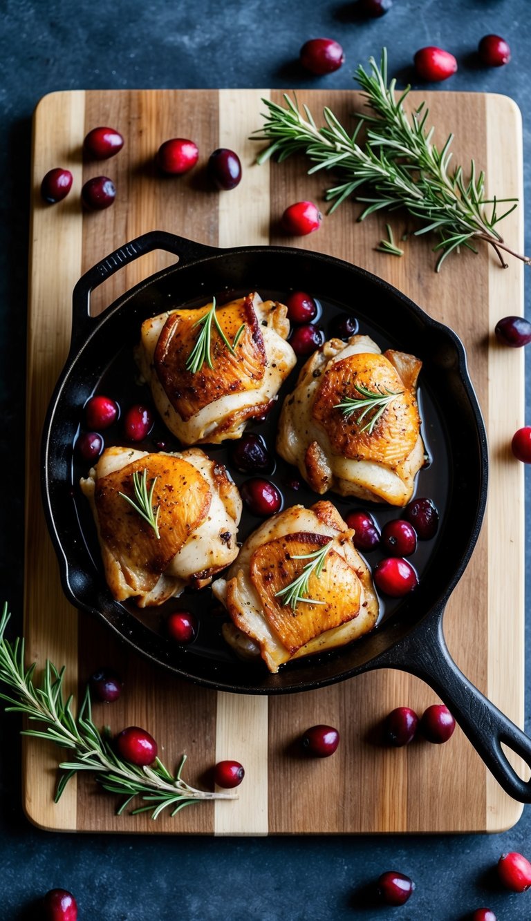 A skillet of cranberry-balsamic chicken thighs on a wooden cutting board with fresh cranberries and rosemary sprigs scattered around