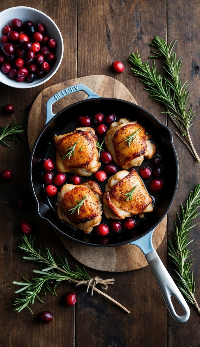 A sizzling skillet of cranberry-balsamic chicken thighs surrounded by fresh cranberries and sprigs of rosemary on a rustic wooden table