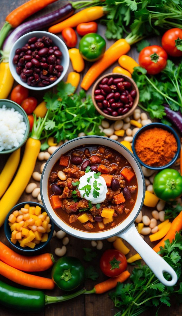 A bubbling pot of vegetarian chili surrounded by an array of colorful and hearty vegetables, beans, and spices