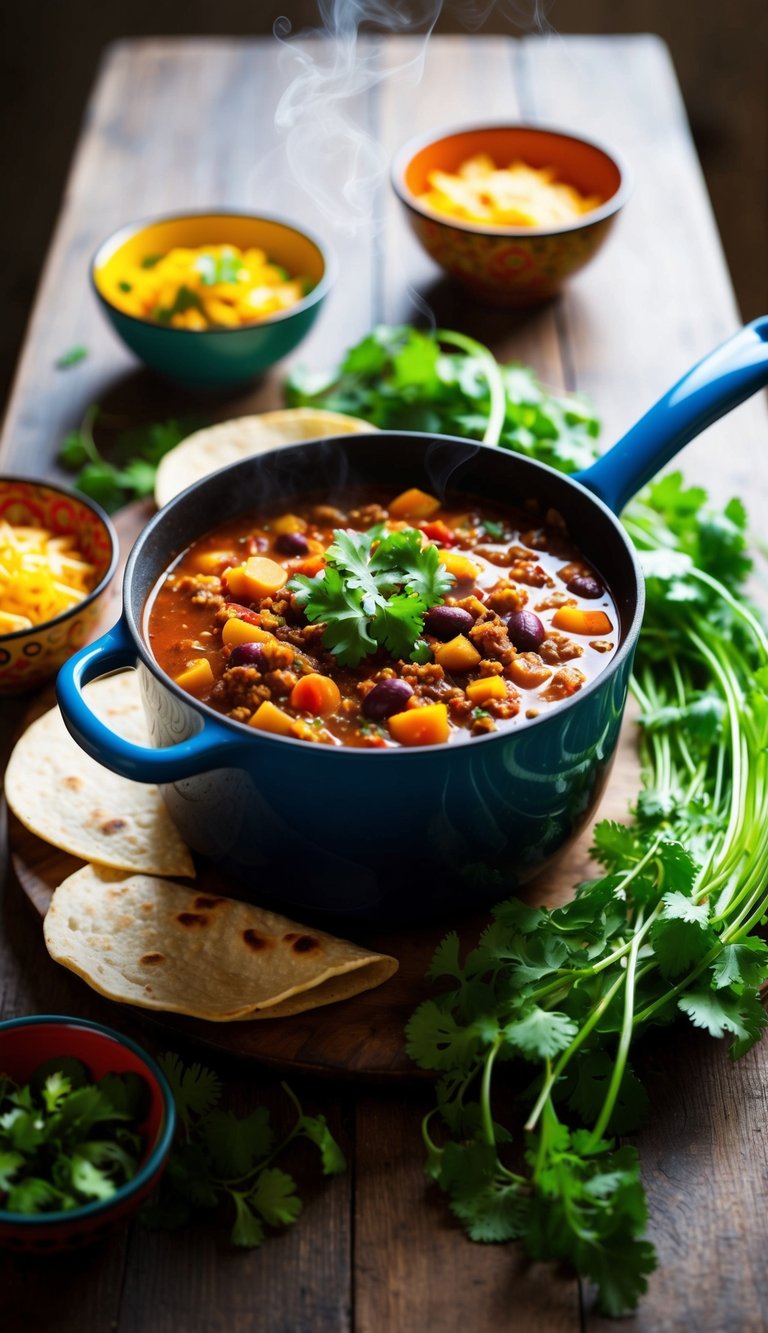 A steaming pot of vegetarian chili sits on a rustic wooden table, surrounded by colorful bowls, fresh cilantro, and warm tortillas