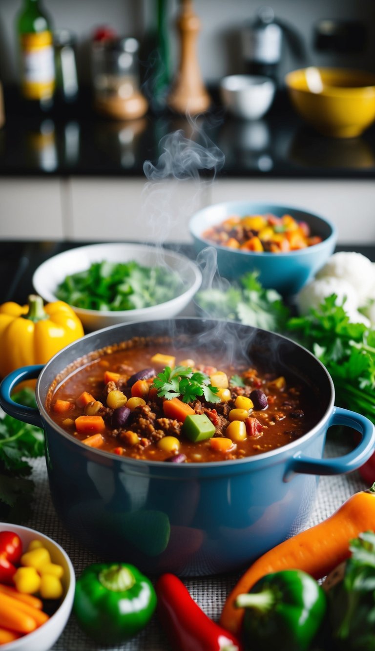 A steaming pot of vegetarian chili surrounded by colorful vegetables and spices on a kitchen counter