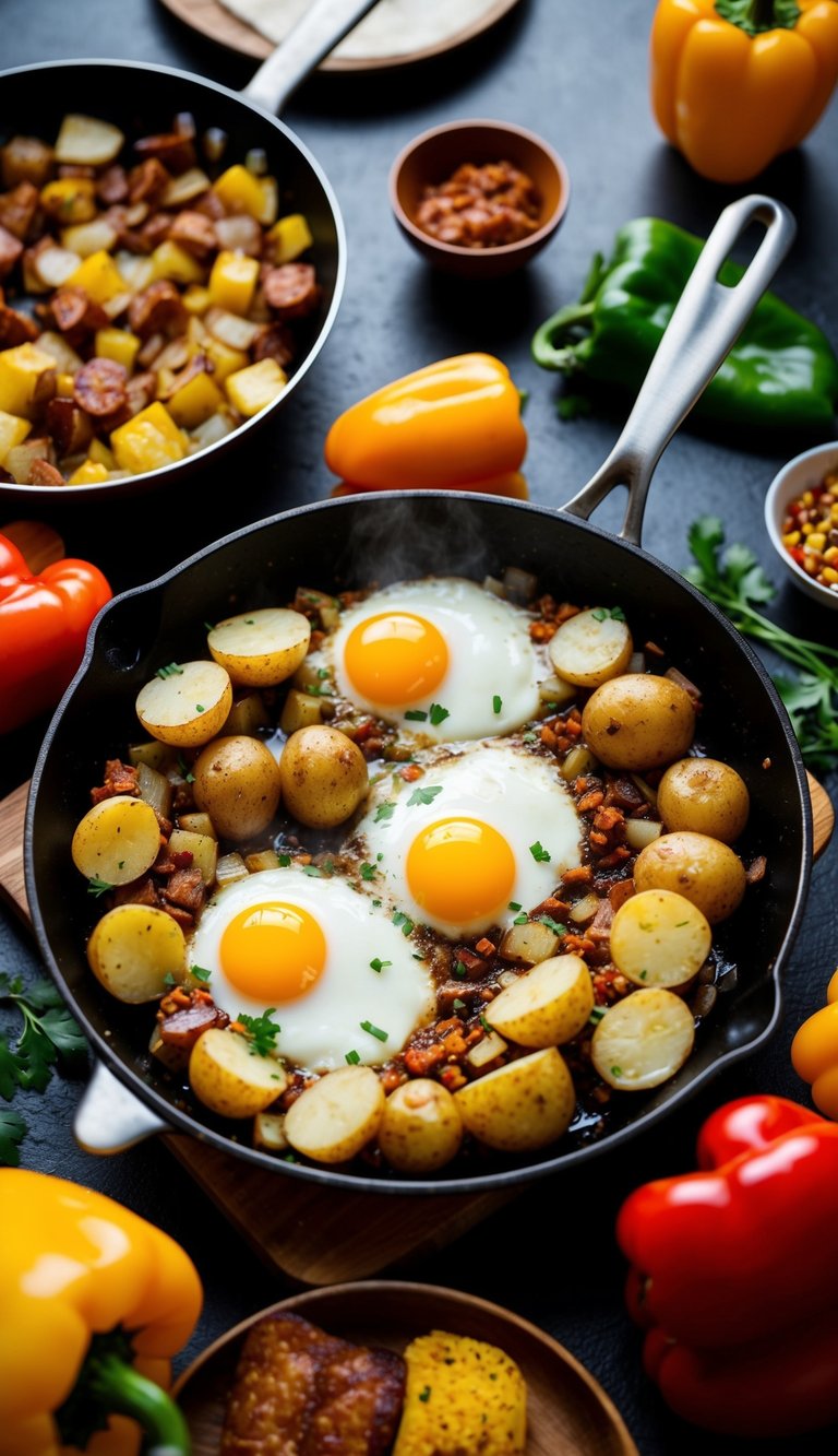 A sizzling skillet with potatoes, onions, and eggs cooking together, surrounded by colorful ingredients like bell peppers and chorizo