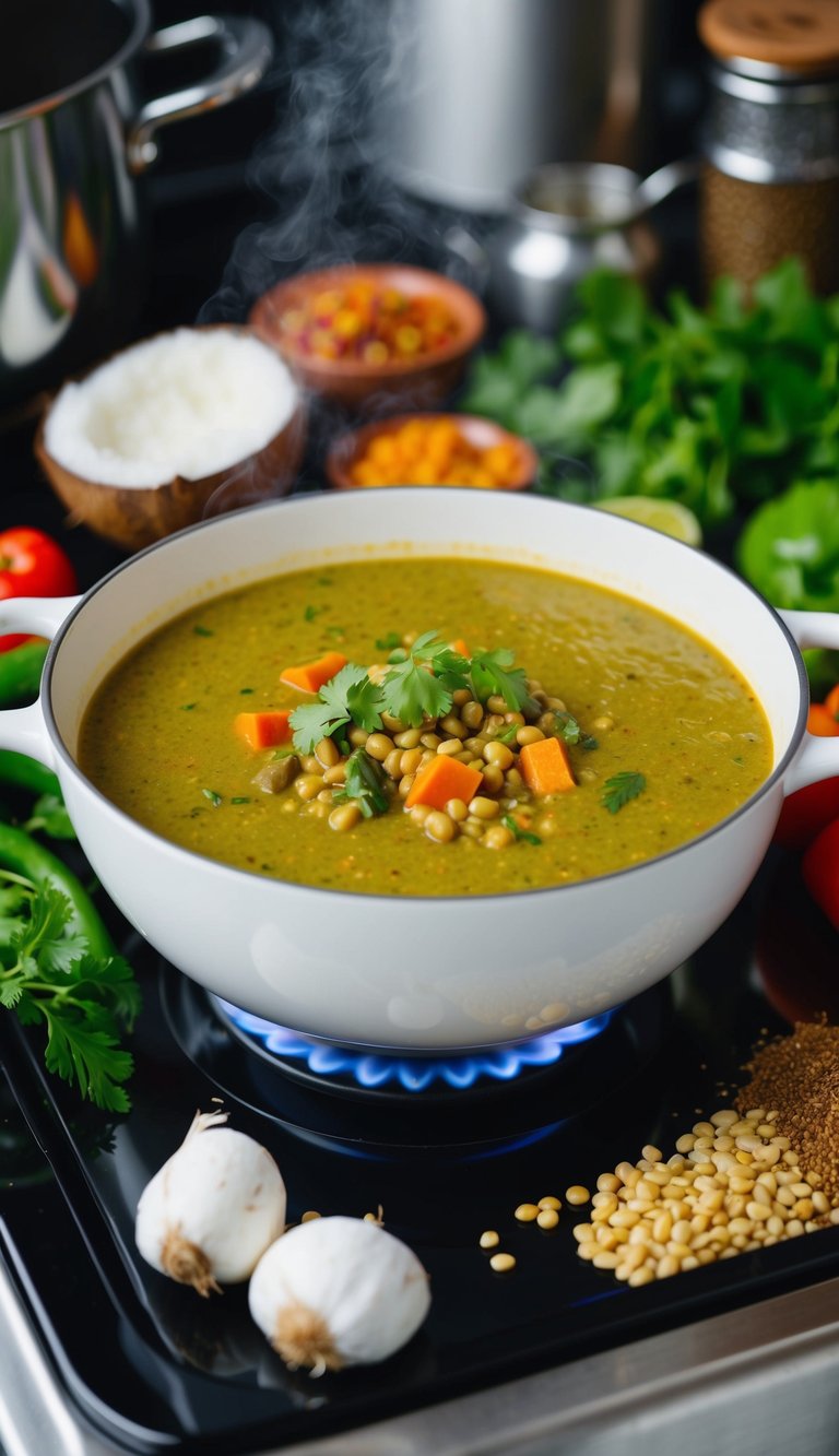 A steaming pot of coconut curry lentil soup simmers on a stove, surrounded by vibrant vegetables and aromatic spices