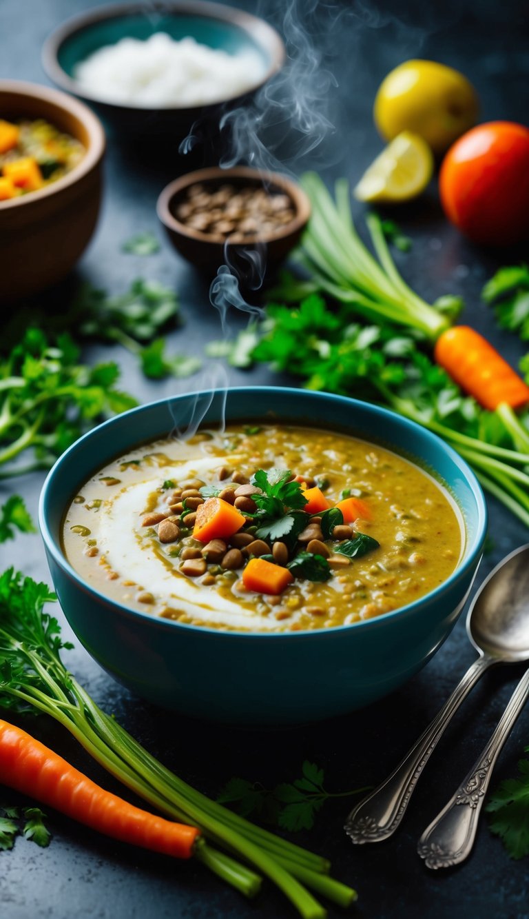 A steaming bowl of coconut curry lentil soup surrounded by vibrant vegetables and herbs, with a spoon resting on the side