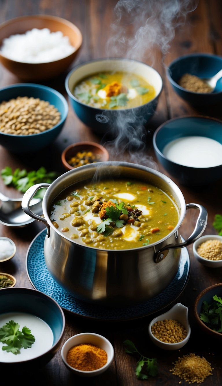 A steaming pot of coconut curry lentil soup surrounded by bowls, spoons, and ingredients like lentils, coconut milk, and aromatic spices