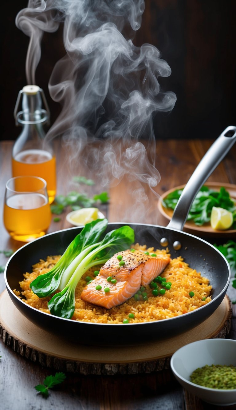 A sizzling pan of ginger-infused crispy rice topped with succulent salmon and vibrant green bok choy, surrounded by aromatic steam and sizzling sounds